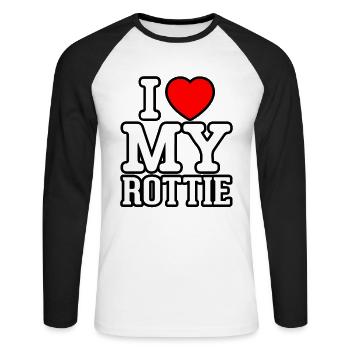 J’adore mon Rottie - T-shirt baseball manches longues Homme - blanc/noir - Devant - Nik (191cm)