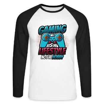 Spielen Ist Ein Lebensstil, Kein Hobby - Unisex Baseballshirt langarm - Weiß/Schwarz - Vorne - Nik (191cm)
