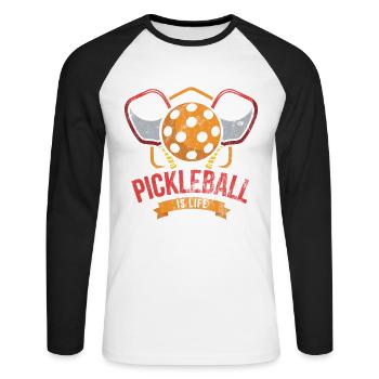 Life is amazing, Pickleball does it - Unisex Long Sleeve Baseball T-Shirt - white/black - Front - Nik (191cm)