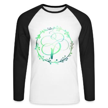 Monogramme, lettre P, ornement de calligraphie - T-shirt baseball manches longues Homme - blanc/noir - Devant - Nik (191cm)