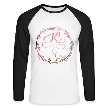 Monogramme, Lettre K, Ornement de calligraphie - T-shirt baseball manches longues Homme - blanc/noir - Devant - Nik (191cm)