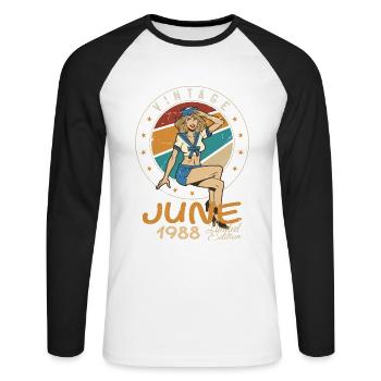 Vintage 1988 - Born In June 1988 - Unisex Baseballshirt langarm - Weiß/Schwarz - Vorne - Nik (191cm)