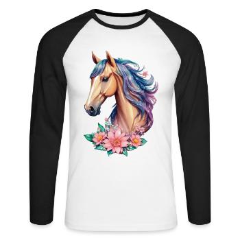 Blumen Pferd für Mädchen in Pastell Farbtönen - Unisex Baseballshirt langarm - Weiß/Schwarz - Vorne - Nik (191cm)