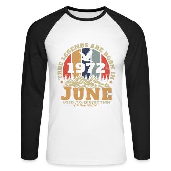 June 1972 Vintage Born in June 1972 Anniversary - Unisex Long Sleeve Baseball T-Shirt - white/black - Front - Nik (191cm)
