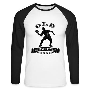Old Schmetterhand Tischtennis Schmetterball - Unisex Baseballshirt langarm - Weiß/Schwarz - Vorne - Nik (191cm)
