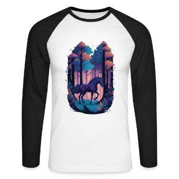 Magisches Pferd im düsteren magischen Wald - Unisex Baseballshirt langarm - Weiß/Schwarz - Vorne - Nik (191cm)