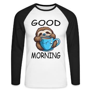 Paresseux avec tasse de cacao Good Morning Design - T-shirt baseball manches longues Homme - blanc/noir - Devant - Nik (191cm)