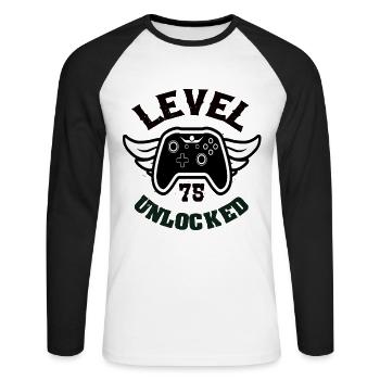 Niveau 75 Débloqué 75 Anniversaire - T-shirt baseball manches longues Homme - blanc/noir - Devant - Nik (191cm)