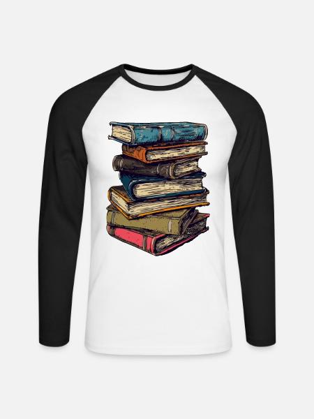 Stapel Bücher für Leseratten und Bücherwürmer - Unisex Baseballshirt langarm - Weiß/Schwarz
