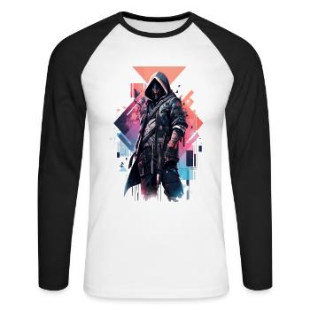 Epic Gamer Cyber Assassin avec masque de robot - T-shirt baseball manches longues Homme - blanc/noir - Devant - Nik (191cm)