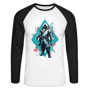 Epischer Gamer Cyber Assassine in Pastel Blau - Unisex Baseballshirt langarm - Weiß/Schwarz - Vorne - Nik (191cm)