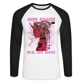 Lustig Manga Spruch Anime because real life sucks - Unisex Baseballshirt langarm - Weiß/Schwarz - Vorne - Nik (191cm)