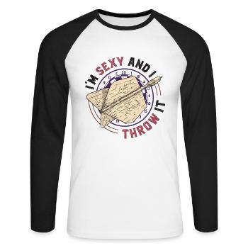 Je suis sexy et je lance une fléchette - T-shirt baseball manches longues Homme - blanc/noir - Devant - Nik (191cm)