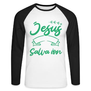 In Jesus we will find salvation Bible verse - Unisex Long Sleeve Baseball T-Shirt - white/black - Front - Nik (191cm)