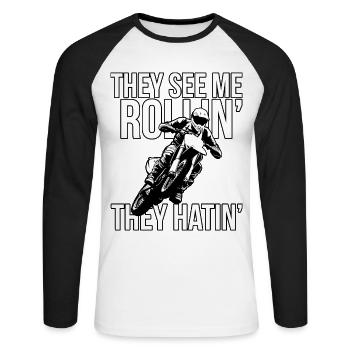 Dirtbike Lover They see me Rollin - Unisex Long Sleeve Baseball T-Shirt - white/black - Front - Nik (191cm)
