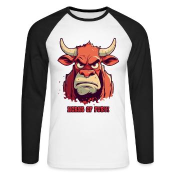Hörner des Zorns: Bauernhof Bulle Kuh - Unisex Baseballshirt langarm - Weiß/Schwarz - Vorne - Nik (191cm)