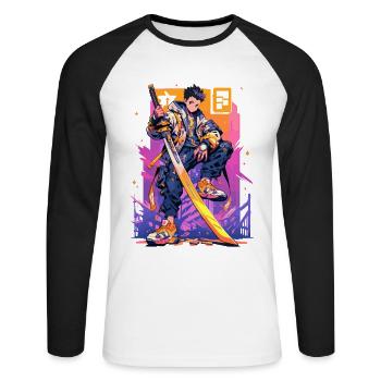 Shibuya: Cool Anime Boy avec épée japonaise - T-shirt baseball manches longues Homme - blanc/noir - Devant - Nik (191cm)