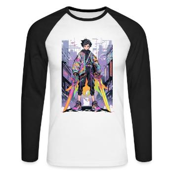 Shibuya: Cool Anime Boy avec épée japonaise - T-shirt baseball manches longues Homme - blanc/noir - Devant - Nik (191cm)