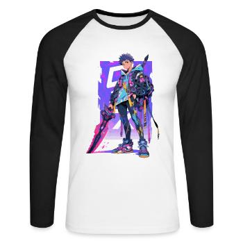 Shibuya: Cool Anime Boy avec épée japonaise - T-shirt baseball manches longues Homme - blanc/noir - Devant - Nik (191cm)