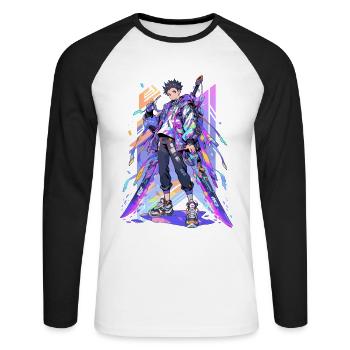 Shibuya: Cool Anime Boy avec épée japonaise - T-shirt baseball manches longues Homme - blanc/noir - Devant - Nik (191cm)