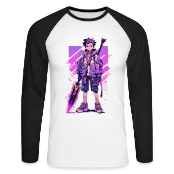 Shibuya: Cool Anime Boy avec épée japonaise - T-shirt baseball manches longues Homme - blanc/noir - Devant - Nik (191cm)