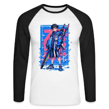 Shibuya: Cool Anime Boy avec épée japonaise - T-shirt baseball manches longues Homme - blanc/noir - Devant - Nik (191cm)