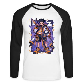 Shibuya: Cool Anime Boy avec épée japonaise - T-shirt baseball manches longues Homme - blanc/noir - Devant - Nik (191cm)
