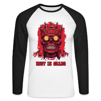 Rest in Gears – King of Mechanics - Unisex Long Sleeve Baseball T-Shirt - white/black - Front - Nik (191cm)