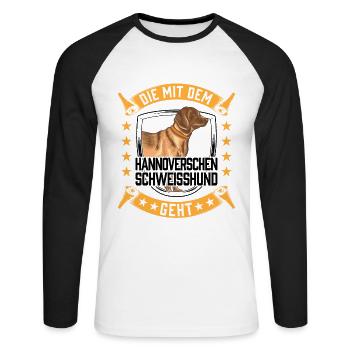 Die mit dem Hannoverscher Schweißhund geht - Unisex Baseballshirt langarm - Weiß/Schwarz - Vorne - Nik (191cm)