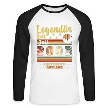 Vinatge Geboren Juli 2003 Geburtstag Juli 2003 - Unisex Baseballshirt langarm - Weiß/Schwarz - Vorne - Nik (191cm)