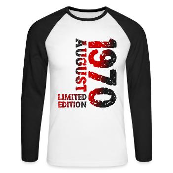 1970 Août Édition Limitée 53e Tenue d’anniversaire - T-shirt baseball manches longues Homme - blanc/noir - Devant - Nik (191cm)