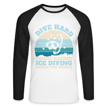 Dive Hard Freezy Harder, Eistaucher - Unisex Baseballshirt langarm - Weiß/Schwarz - Vorne - Nik (191cm)