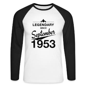 70. Geburtstag Legendär September 1953 Jahrgang 53 - Unisex Baseballshirt langarm - Weiß/Schwarz - Vorne - Nik (191cm)