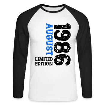 1986 August Limited Edition 37th Birthday Outfit - Unisex Long Sleeve Baseball T-Shirt - white/black - Front - Nik (191cm)