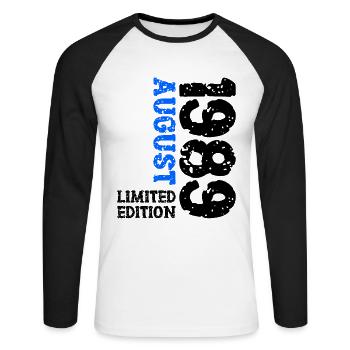 1989 Août Édition Limitée 34e Tenue d’anniversaire - T-shirt baseball manches longues Homme - blanc/noir - Devant - Nik (191cm)