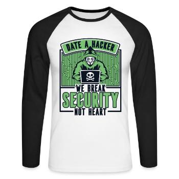 Date Hacker Nous brisons la sécurité Pas le phishing cardiaque - T-shirt baseball manches longues Homme - blanc/noir - Devant - Nik (191cm)