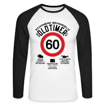SCHONEND BEHANDELN 60. GEBURTSTAG OLDTIMER 1963 - Unisex Baseballshirt langarm - Weiß/Schwarz - Vorne - Nik (191cm)