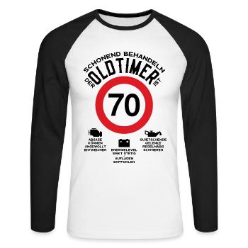 SCHONEND BEHANDELN 70. GEBURTSTAG OLDTIMER 1953 - Unisex Baseballshirt langarm - Weiß/Schwarz - Vorne - Nik (191cm)