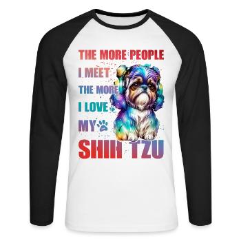 Plus je rencontre de gens, plus j’aime mon Shih Tzu - T-shirt baseball manches longues Homme - blanc/noir - Devant - Nik (191cm)