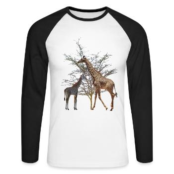 Giraffe with baby in front of yellow fever acacia - Africa - Unisex Long Sleeve Baseball T-Shirt - white/black - Front - Nik (191cm)