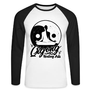 Qigong Healing Arts Yin Yang Chikung Qigong Lover - Unisex Long Sleeve Baseball T-Shirt - white/black - Front - Nik (191cm)