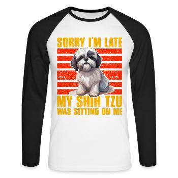 Désolé d’être en retard, mon Shih Tzu était assis sur moi - T-shirt baseball manches longues Homme - blanc/noir - Devant - Nik (191cm)