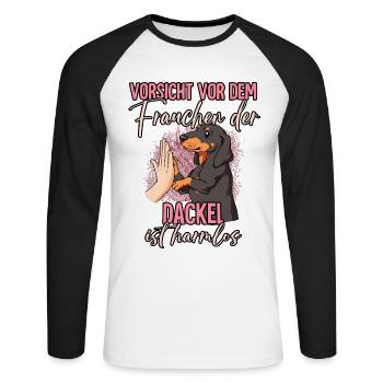 Vorsicht vor dem Frauchen Dackel - Unisex Baseballshirt langarm - Weiß/Schwarz - Vorne - Nik (191cm)