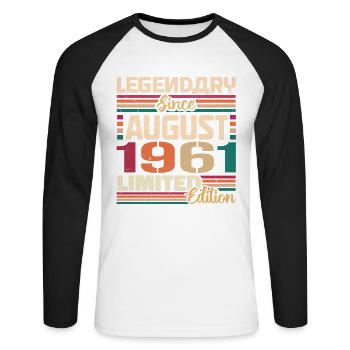1961 August Geburtstag Legende August 1961 - Unisex Baseballshirt langarm - Weiß/Schwarz - Vorne - Nik (191cm)