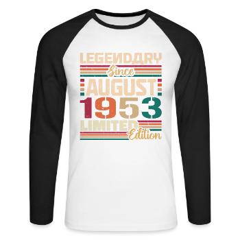 1953 August Birthday Legend August 1953 - Unisex Long Sleeve Baseball T-Shirt - white/black - Front - Nik (191cm)