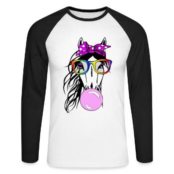 Pferd mit Brille und Kaugummi - Unisex Baseballshirt langarm - Weiß/Schwarz - Vorne - Nik (191cm)