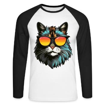 Main-Coon Katze mit Sonnenbrille - Unisex Baseballshirt langarm - Weiß/Schwarz - Vorne - Nik (191cm)
