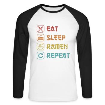 Essen Sie Schlaf Ramen Wiederholen Sie Shoyu Bowl Miso Liebhaber - Unisex Baseballshirt langarm - Weiß/Schwarz - Vorne - Nik (191cm)