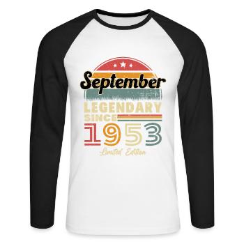 Vintage Nées En Septembre 1953 Cadeau - T-shirt baseball manches longues Homme - blanc/noir - Devant - Nik (191cm)