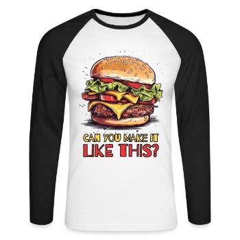 Können Sie das wie diesen Cheeseburger machen - Unisex Baseballshirt langarm - Weiß/Schwarz - Vorne - Nik (191cm)